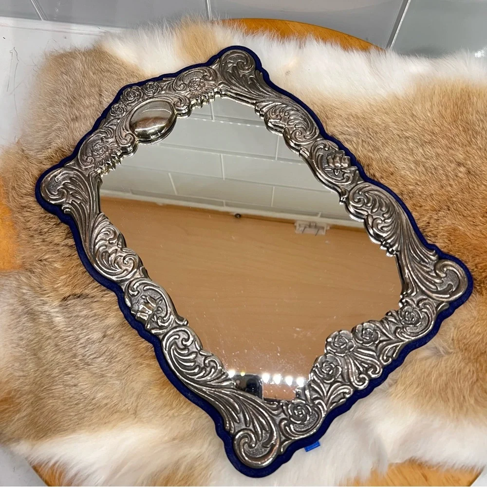 Vintage Victorian Style Repousse Ornate Silver Plated Mirror Frame Velvet Back